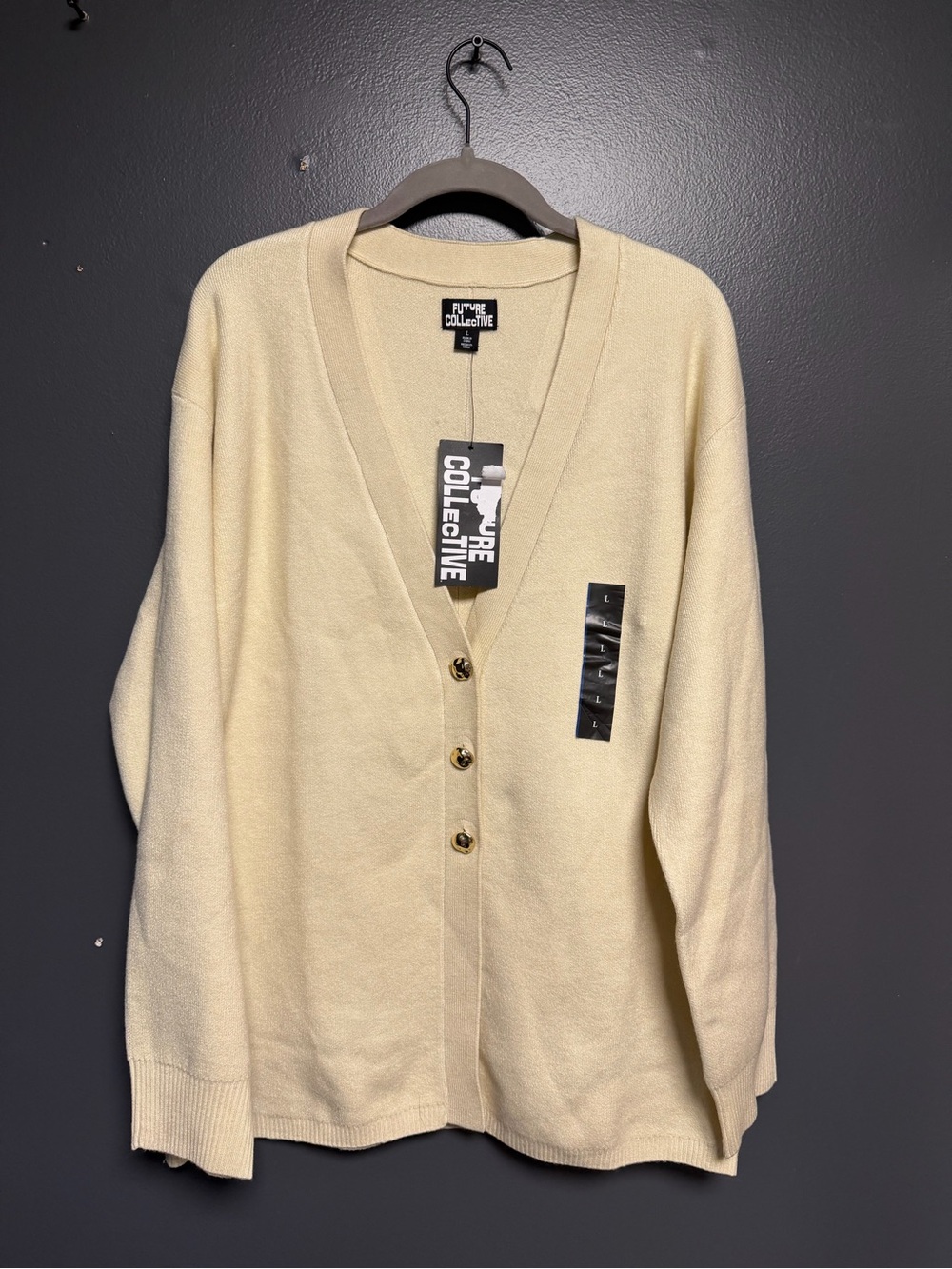 NWT Future Collective Cream V-Neck Cardigan Sweater Gold Buttons L